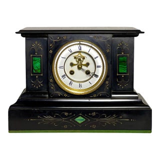 Antique French Belgian Black Slate Mantle Clock With Open Escapement and Malachite Inlay For Sale