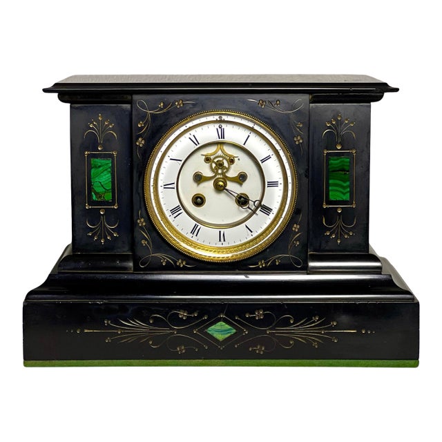 Antique French Belgian Black Slate Mantle Clock With Open Escapement and Malachite Inlay For Sale
