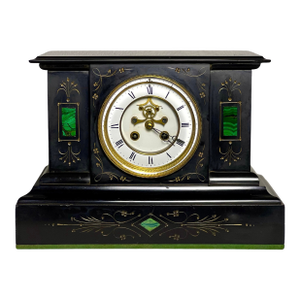 Antique French Belgian Black Slate Mantle Clock With Open Escapement and Malachite Inlay