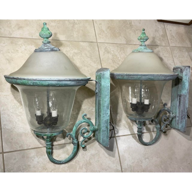 Pair of Vintage Solid Brass Outdoor Sconces - Large Verdigris Patina Lanterns For Sale - Image 10 of 16