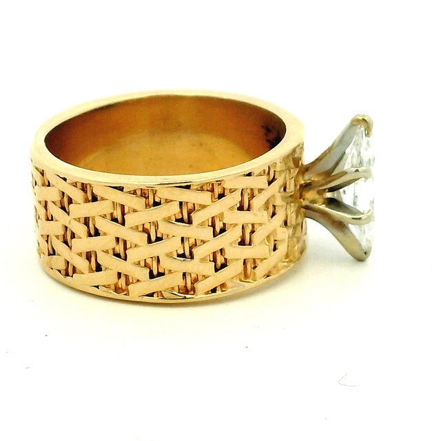 1970s 1970s FJG 14k Gold Basket-Weave Ring With Marquise Diamond, Size 5 For Sale - Image 5 of 14