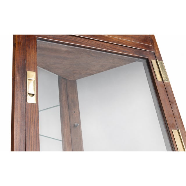 1970s Campaign Vintage Henredon Lighted Oak Corner Display Cabinet With Glass Door For Sale - Image 9 of 12