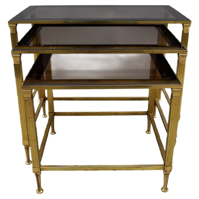 Vintage Gilt Metal and Smoked Glass Nesting Tables, Set of 3 For Sale