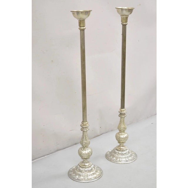 Rococo Vintage 43" Tall Baroque Silver Plated Collapsible Floor Candlesticks in Box For Sale - Image 3 of 15