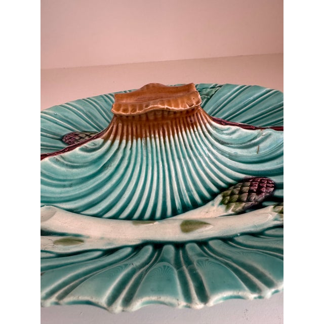 French Antique French Lunéville Barbotine Majolica Turquoise Asparagus Platter For Sale - Image 3 of 5