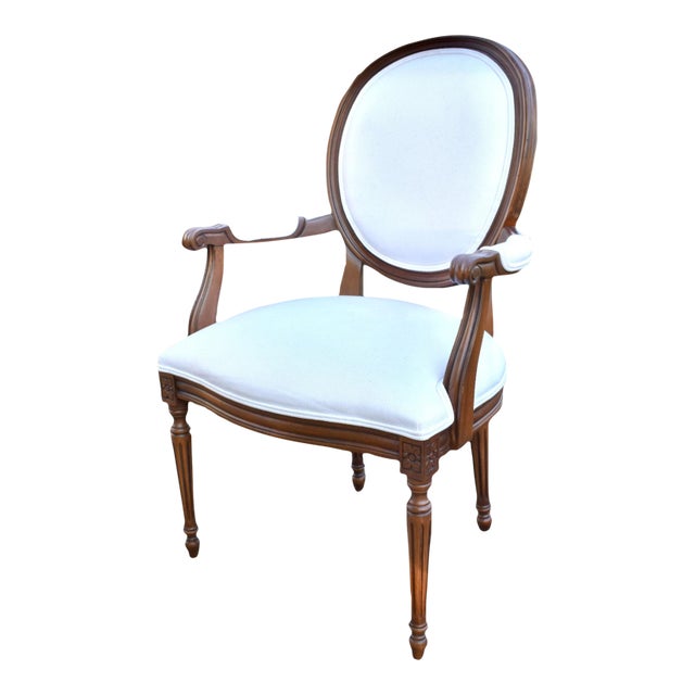 Ethan Allen Walnut Armchair Oval Back Louis XVI Carved French Accent For Sale
