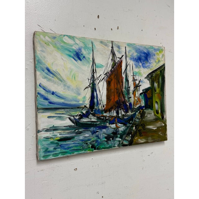 Mid-Century Modern Harbor Boats Acrylic Painting on Canvas, Vintage For Sale - Image 3 of 12