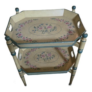 Two Tiered Tray Table With Hand Painted Finish For Sale
