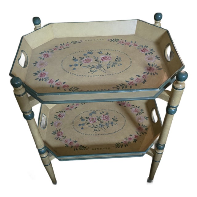 Two Tiered Tray Table With Hand Painted Finish For Sale