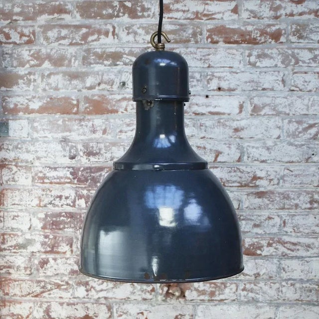 Industrial Pendant Light in Dark Blue Enamel and Brass, 1950s For Sale - Image 4 of 5