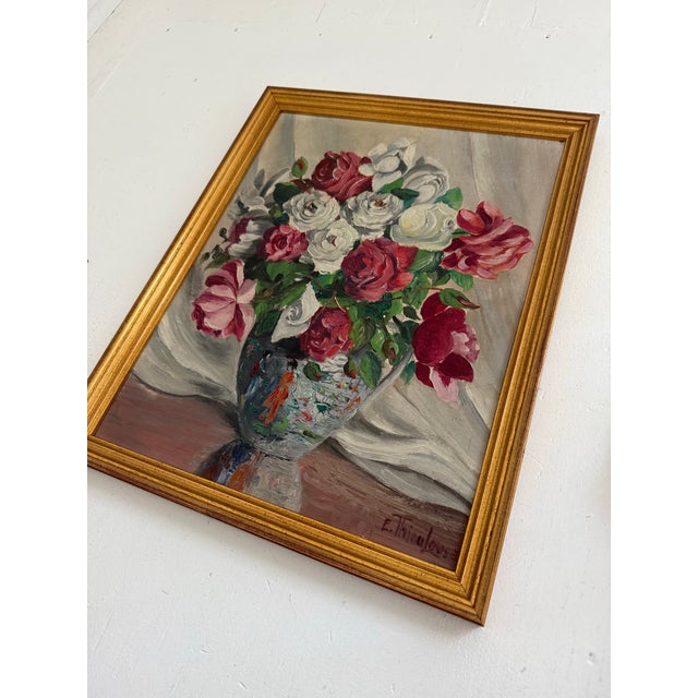 Mid 20th Century Mid-Century Roses in Chinoiserie Vase Oil Painting For Sale - Image 5 of 9