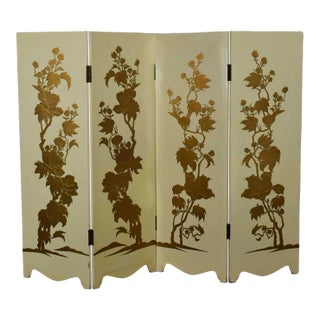 Hollywood Regency to Art Deco Folding Screen Four Panel Painted Off White With Floral Embossed Design For Sale