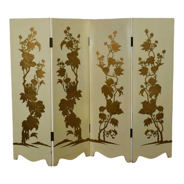 Hollywood Regency to Art Deco Folding Screen Four Panel Painted Off White With Floral Embossed Design For Sale