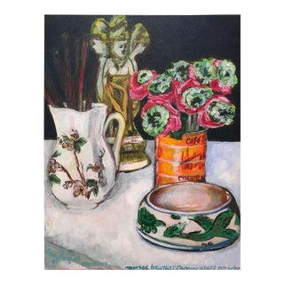 Neicy Frey "Brushes, Muses, Ranunculus, Pottery" Original Still Life Painting For Sale