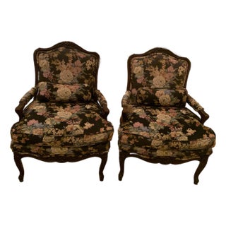 1970s Matching Upholstered Chairs (2). Hardwood Very Detailed. Black Background, Multicolor Floral Print. For Sale