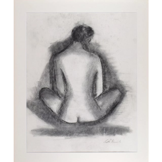Vintage modernist nude figure drawing of a seated woman- Charcoal on paper, presented in cream colored matting and a gilt...