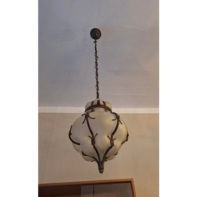 Venetian Murano Blown Frosted Glass Hall Lantern Pendant Light in Iron Frame, Italy, 1960s For Sale - Image 4 of 11