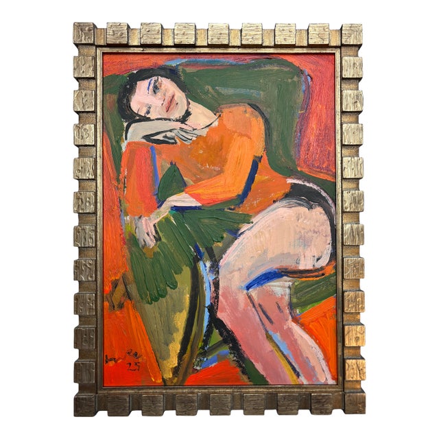 2026 Luke Hannam Original Painting of a Girl in Orange Reclining in Architectural Frame For Sale