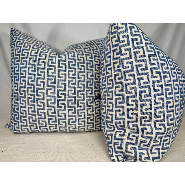 Custom pair of 22" pillows covered in Thibaut "Merritt" in color indigo indoor/outdoor fabric. These pillows have tapered...