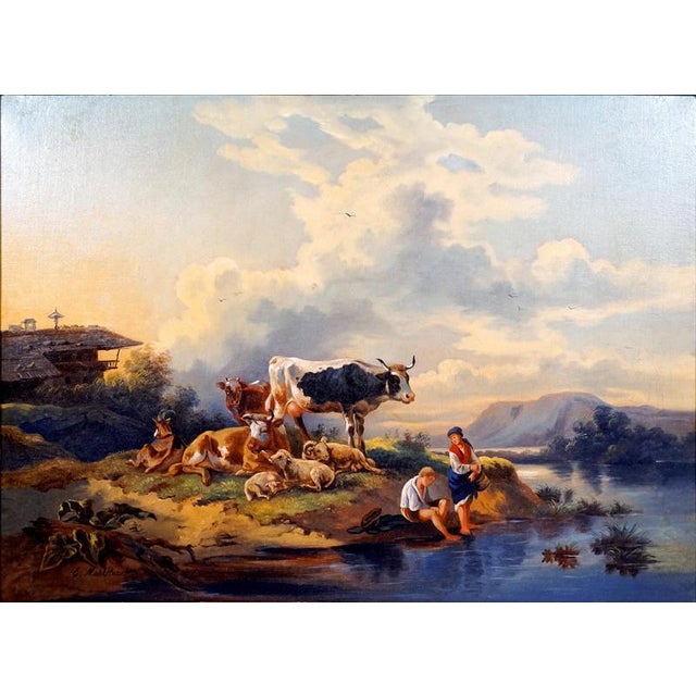 Edmund Mahlknecht, Break At The Mountain Lake, Austria, Mid-19th Century, Oil Painting, Framed For Sale - Image 4 of 9