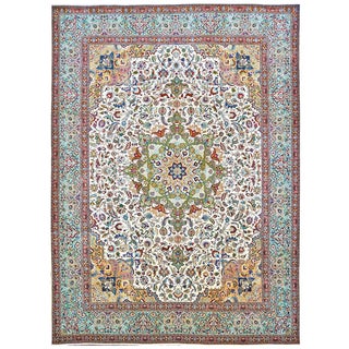 Antique Persian Tabriz Wool & Cotton 10X13 Ivory, Peach, Red & Teal Handmade Area Rug #1140364 For Sale
