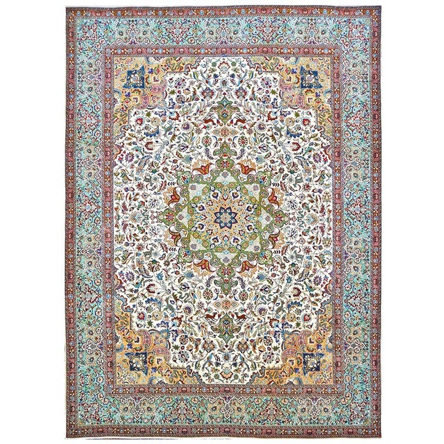 Antique Persian Tabriz Wool & Cotton 10X13 Ivory, Peach, Red & Teal Handmade Area Rug #1140364 For Sale