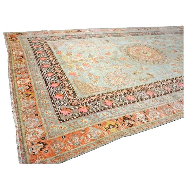 Antique Turkish Khotan Wool 6X12 Green, Orange & Blue Handmade Gallery Rug #9902946 For Sale - Image 10 of 18