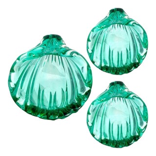 Vintage Murano Seguso Vetri d'Arte Sommerso Green Italian Art Glass Sculptural Seashell Dish, Salts Set For Sale
