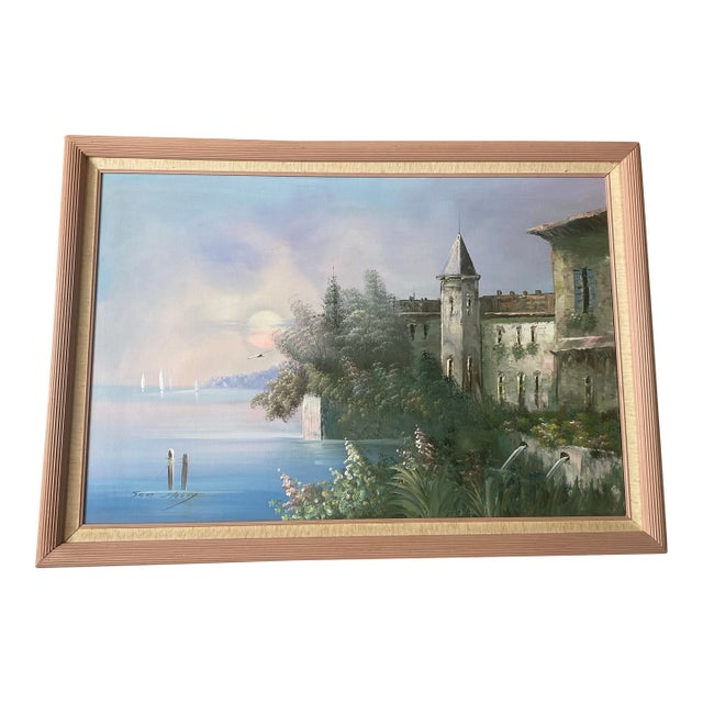 1980s Jane Mabry Original Large Oil Painting "Sail Boat Palace" For Sale