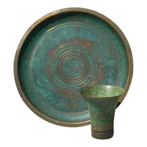 1920s Carl Sorensen Art Deco Verdigris Bronze Charger and Vase Set- 2 Pieces