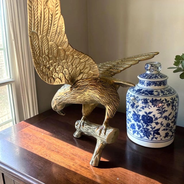 Vintage Solid Brass Eagle | Mid-Century Brass Bird Figurine | 12" Wingspan | Hollywood Regency Decor | Traditional Office Shelf Accent For Sale - Image 4 of 8