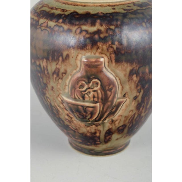 Vase with Sung Glaze and Figurative Relief Scene by Jais Nielsen for Royal Copenhagen For Sale - Image 4 of 6