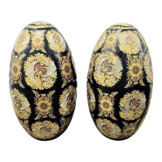 Massive 24" Vintage Chinoiserie Ceramic Black Gold Floral Crane Ostrich-Scale Decorative Eggs –A Pair For Sale