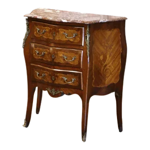 Early 20th Century French Louis XV Marble Top Walnut Marquetry Chest of Drawers