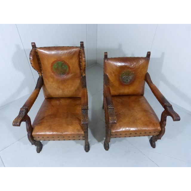 Set of Antique Leather Armchairs with Carps Print, 1890s For Sale - Image 14 of 18