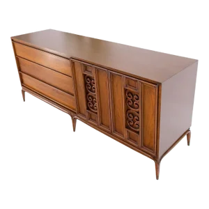 Danish Mid-Century Walnut 6 Drawers Long Credenza Dresser w/ Carved Double Doors