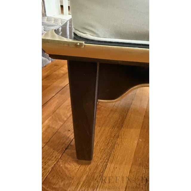 1980s Pair of James Mont–Style Black Lacquer & Brass Lounge Chairs by Century Furniture in Colefax & Fowler Silk For Sale - Image 11 of 16