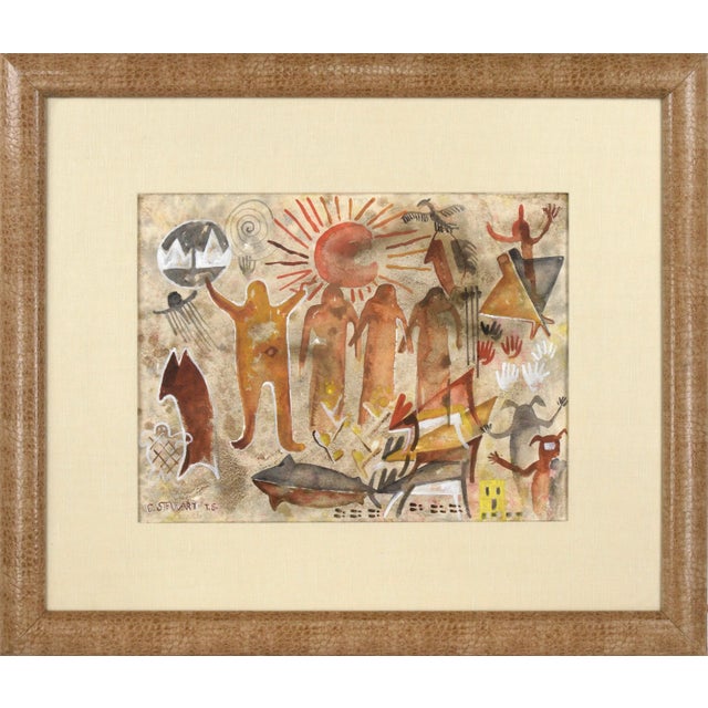 Late 20th Century "Pictographs and Symbols" Acrylic Painting by Charles Stewart, Framed For Sale