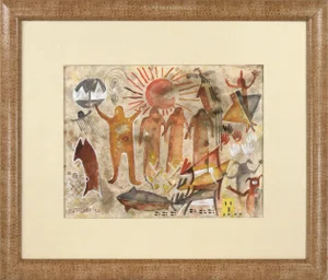Late 20th Century "Pictographs and Symbols" Acrylic Painting by Charles Stewart, Framed