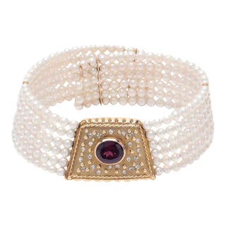 1940s Art Deco 14k Gold Rhodolite Garnet Cultured Pearl Choker Necklace For Sale