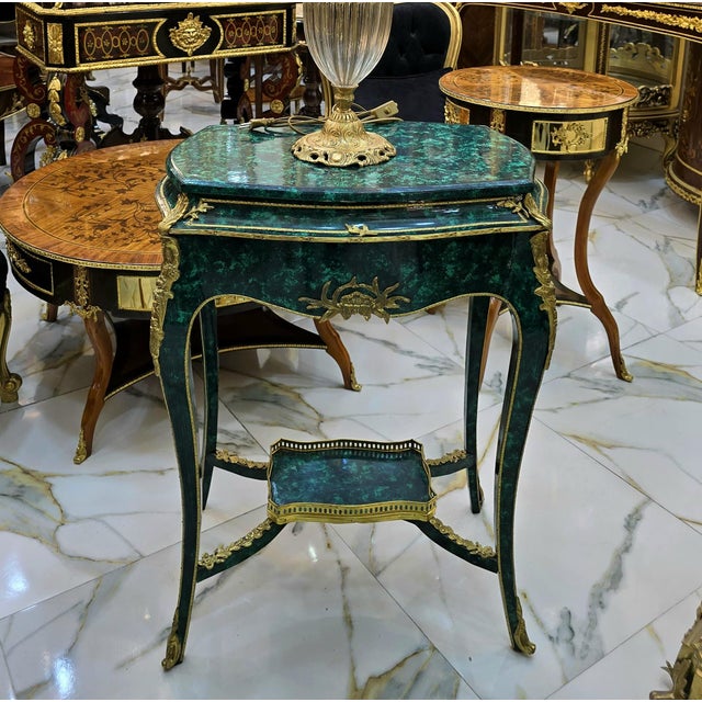 Decorative Green Accent Table – Bronze Ormolu Mounts With Gold Leaf Details For Sale - Image 4 of 4