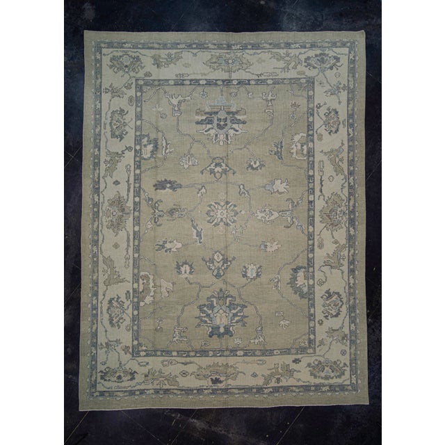 Turkish Oushak Rug Olive & Blue Handwoven Wool Rug 10'3" X 14'4" For Sale - Image 9 of 9