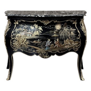 Antique French Chinoiserie Black Lacquer Bombe Commode For Sale
