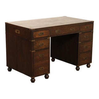 Campaign Style Vintage Oak Pedestal Writing Desk For Sale