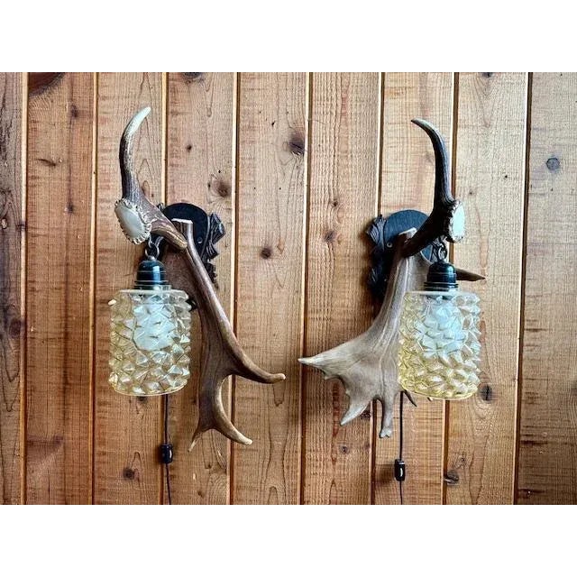 Pair of German antler sconces in working condition. see last photo. Both shades are cracked. The shades are easily...