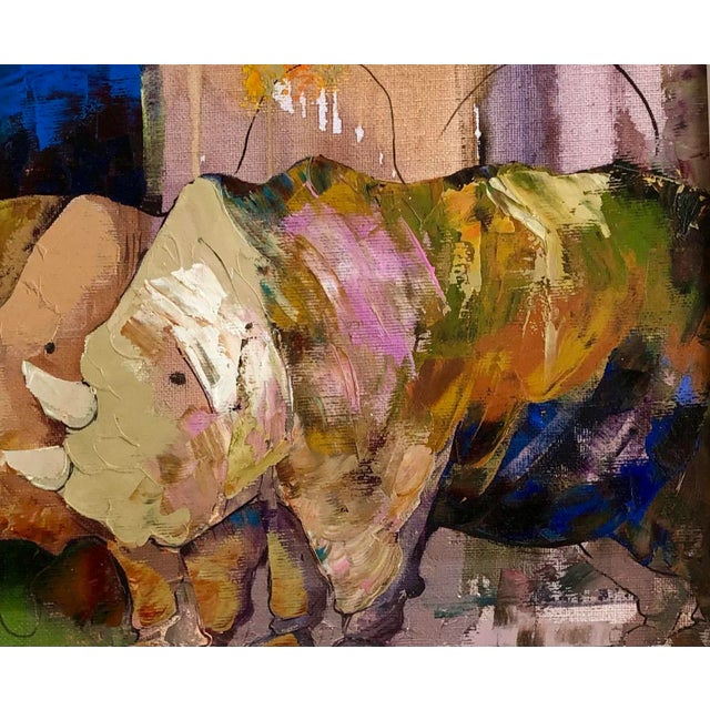 Abstract 1980s Hovik Expressionist Animal Oil Painting on Canvas of Rhinos For Sale - Image 3 of 5