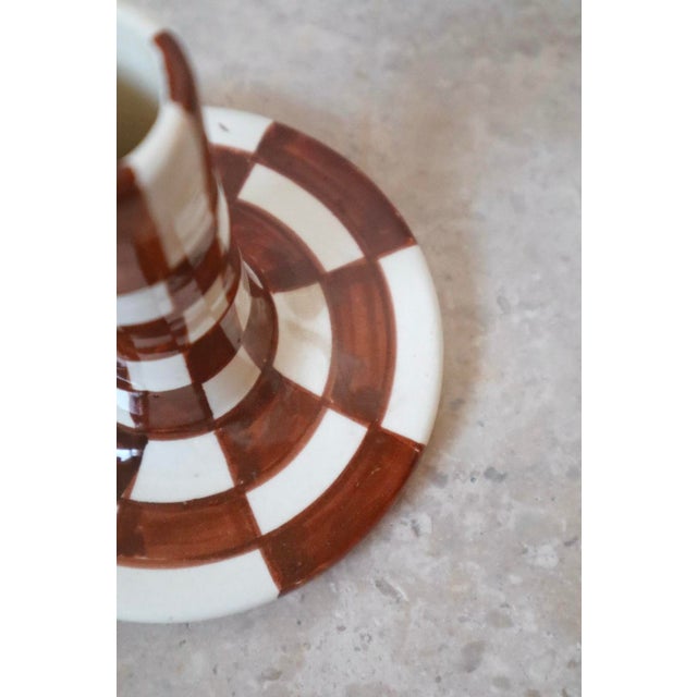 Modern Brown and White Handmade Checkered Clay Candle Holder – Artisan White Clay Decor For Sale - Image 4 of 6