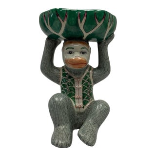 Vintage Chinoiserie Hand-Painted Ceramic Monkey Soap Dish Catchall For Sale