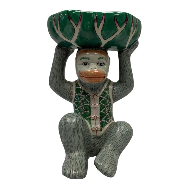 Vintage Chinoiserie Hand-Painted Ceramic Monkey Soap Dish Catchall For Sale