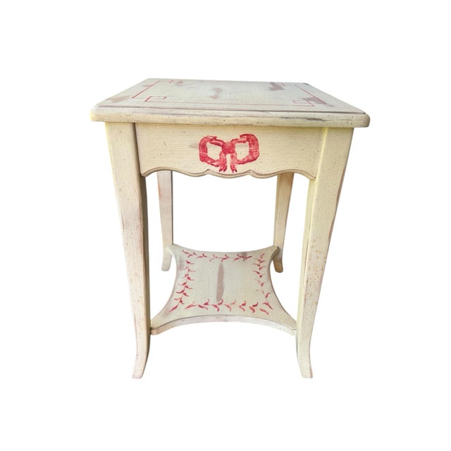 Vintage European Style Hand-Painted Side Table – Italian-Style Cream Finish With Red Bow Motif – Distressed Country Accent For Sale In Miami - Image 6 of 9